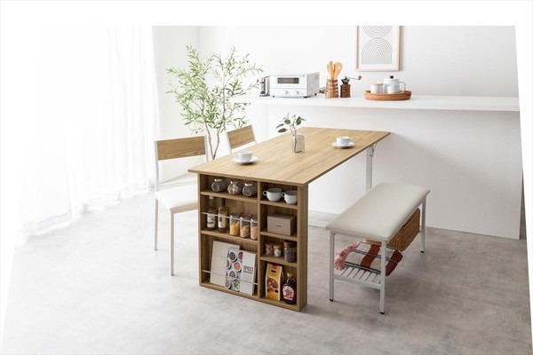 【4点セット】Super 収納付伸長式ダイニングテーブル+チェア2脚+ベンチ - 画像 (3)
