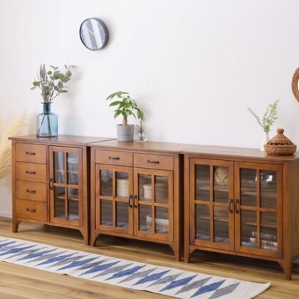 キャビネット 天然木 アンティーク スリム 省スペース 収納 扉付き 棚付き ガラス扉